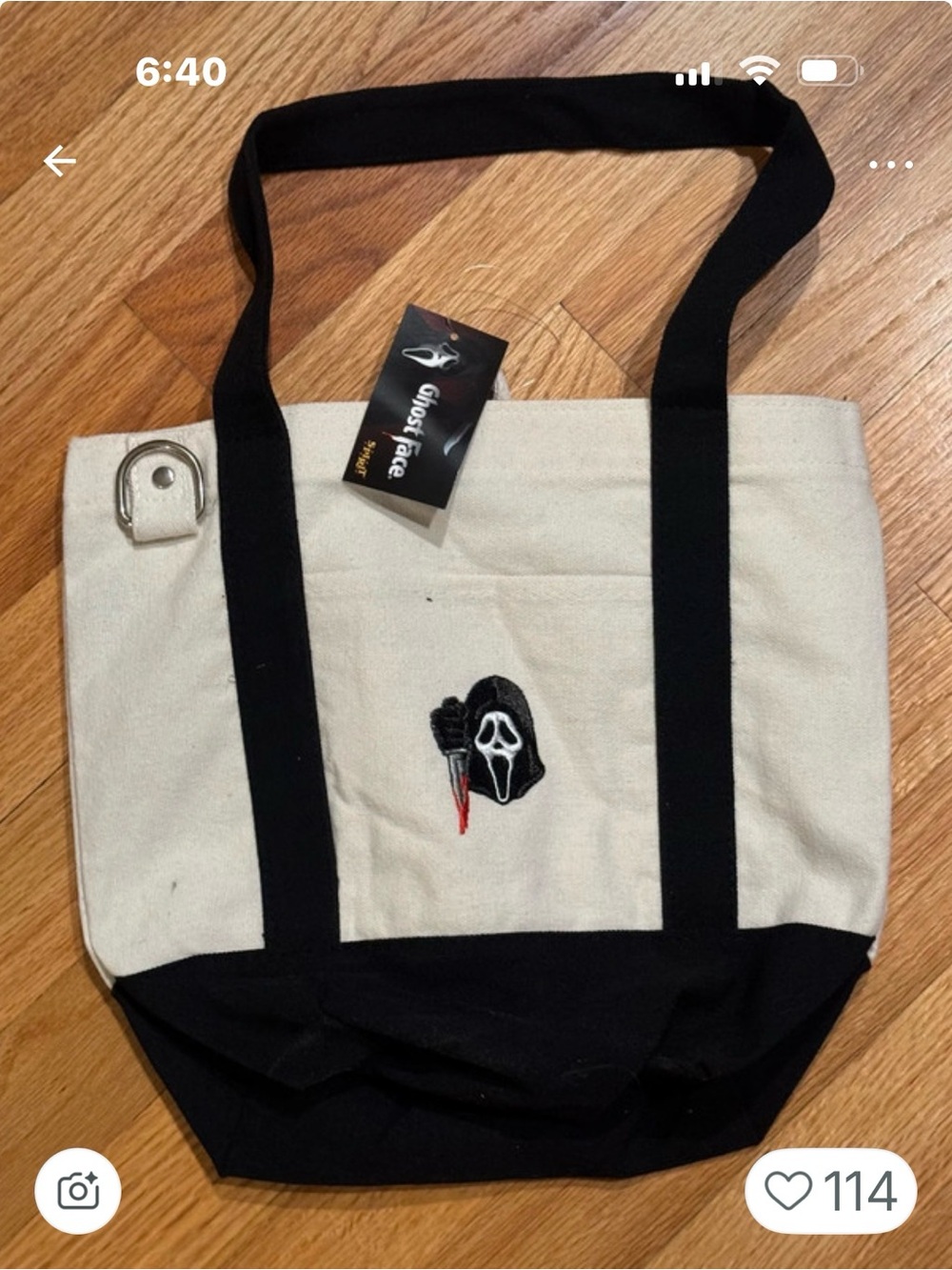 Spirit Cream and Black Canvas Tote with Embroidered Mask Motif